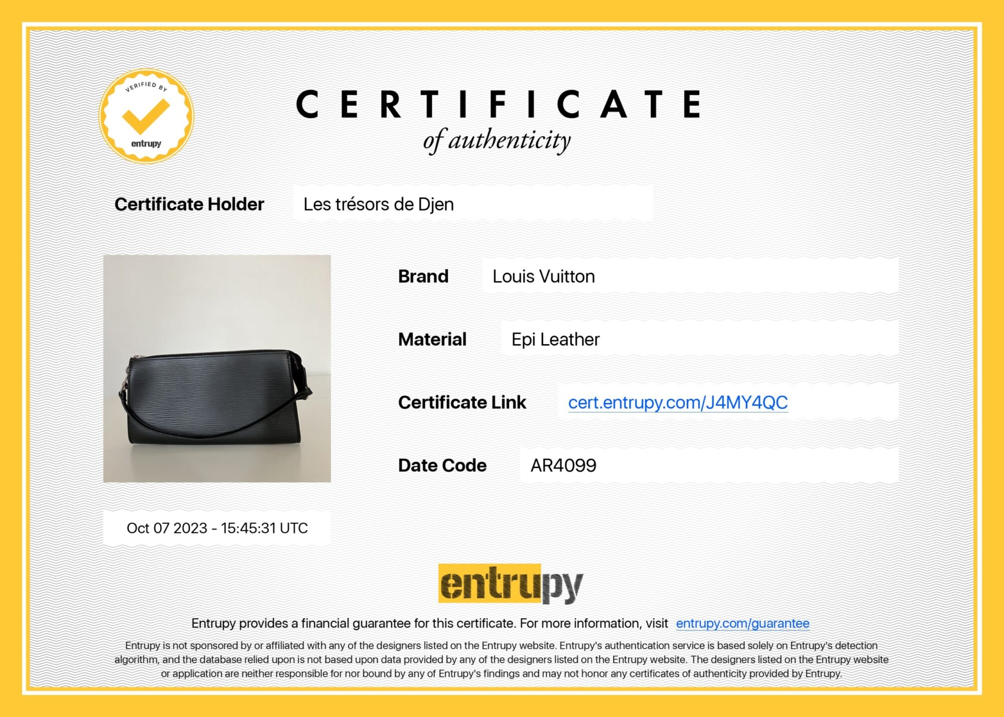 CERTIFICAT D'AUTHENTICITE ENTRUPY. ENTRUPY CERTIFICATION. LUXE DE SECONDE MAIN. SAC D'OCCASION DE LUXE