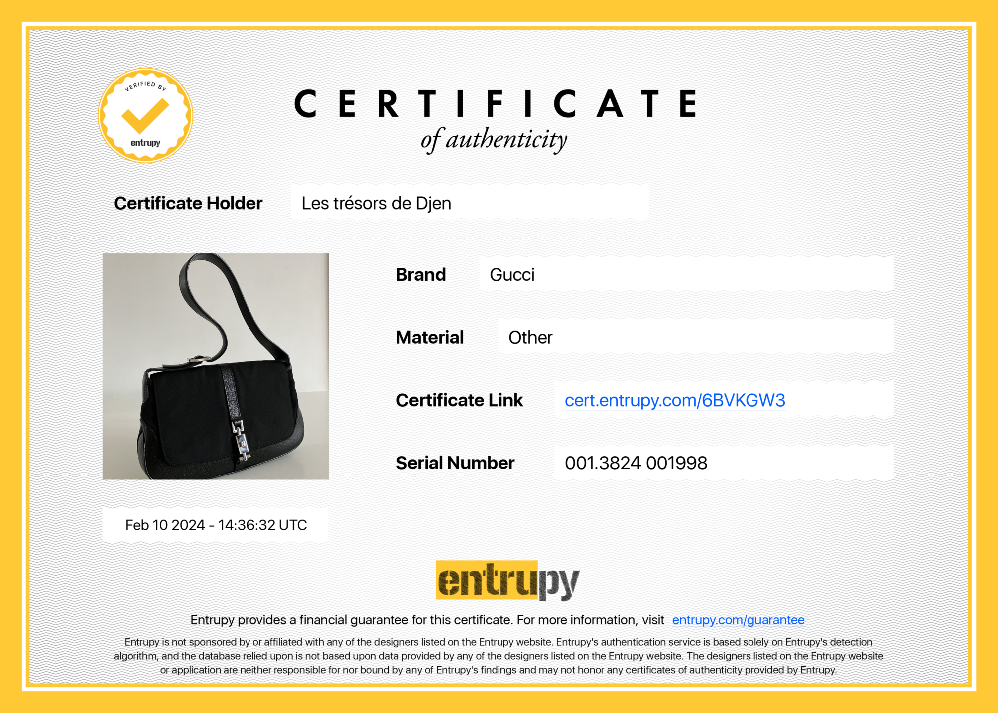 CERTIFICAT D'AUTHENTICITE ENTRUPY. ENTRUPY CERTIFICATION. LUXE DE SECONDE MAIN. SAC D'OCCASION DE LUXE