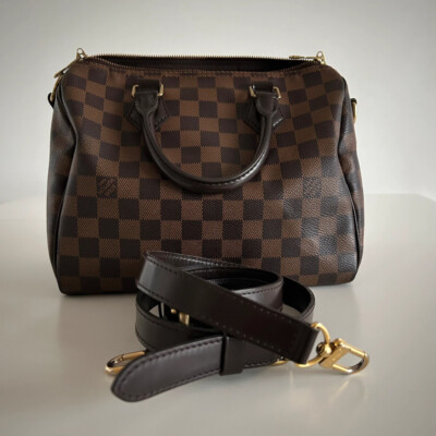 LOUIS VUITTON SPEEDY 25 BANDOULIERE DAMIER EBENE. AUTHENTIQUE SAC DE LUXE DE SECONDE MAIN CERTIFICATION ENTRUPY
