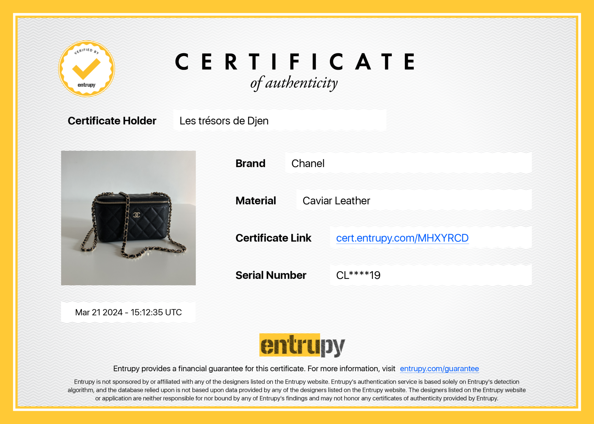 CERTIFICAT D'AUTHENTICIT2 ENTRUPY MINI VANITY CHANEL