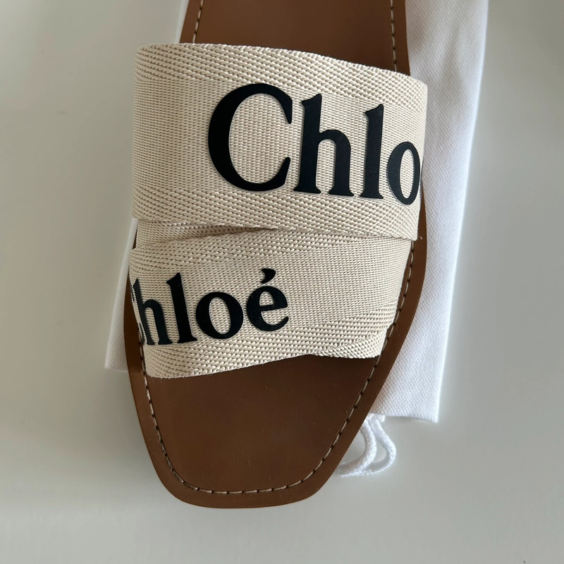 CHLOE MULES WOODY EN LIN POINTURE 40. SANDALES ETE. CHAUSSURES DE LUXE DE SECONDE MAIN. LUXE D'OCCASION PAS CHER CERTIFICAT D'AUTHENTICITE LES TRESORS DE DJEN