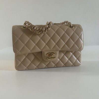 CHANEL sac timeless cuir grainé beige small