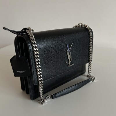 YSL sac sunset en cuir grainé noir bijouterie argentée