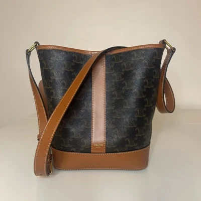 CELINE sac seau en toile et cuir de veau. Sac de luxe de seconde main authentique. Sac d'occasion pas cher certificat d'authenticité entrupy