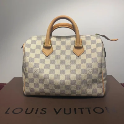 Louis Vuitton speedy 25 damier azur. SAC DE LUXE DE SECONDE MAIN AUTHENTIQUE CERTIFICAT D'AUTHENTICITE ENTRUPY. SAC DE LUXE D'OCCASION PAS CHER.