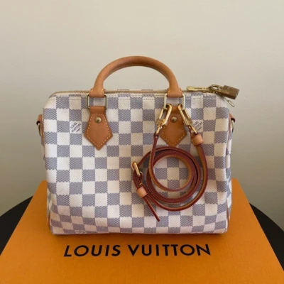 LOUIS VUITTON speedy 25 bandoulière damier azur SAC DE LUXE DE SECONDE MAIN AUTHENTIQUE CERTIFICAT D'AUTHENTICITE ENTRUPY. SAC DE LUXE D'OCCASION PAS CHER LOUIS VUITTON FULL SET