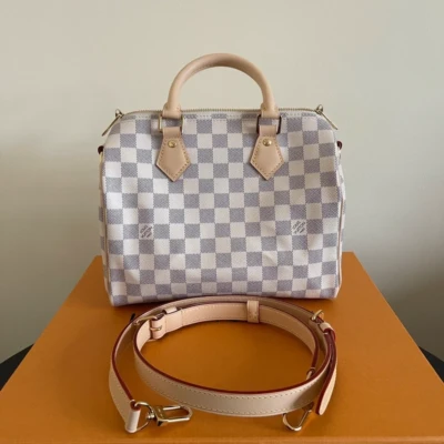 LOUIS VUITTON speedy 25 bandoulière damier azur SAC DE LUXE DE SECONDE MAIN AUTHENTIQUE CERTIFICAT D'AUTHENTICITE ENTRUPY. SAC DE LUXE D'OCCASION PAS CHER. LOUIS VUITTON FULL SET