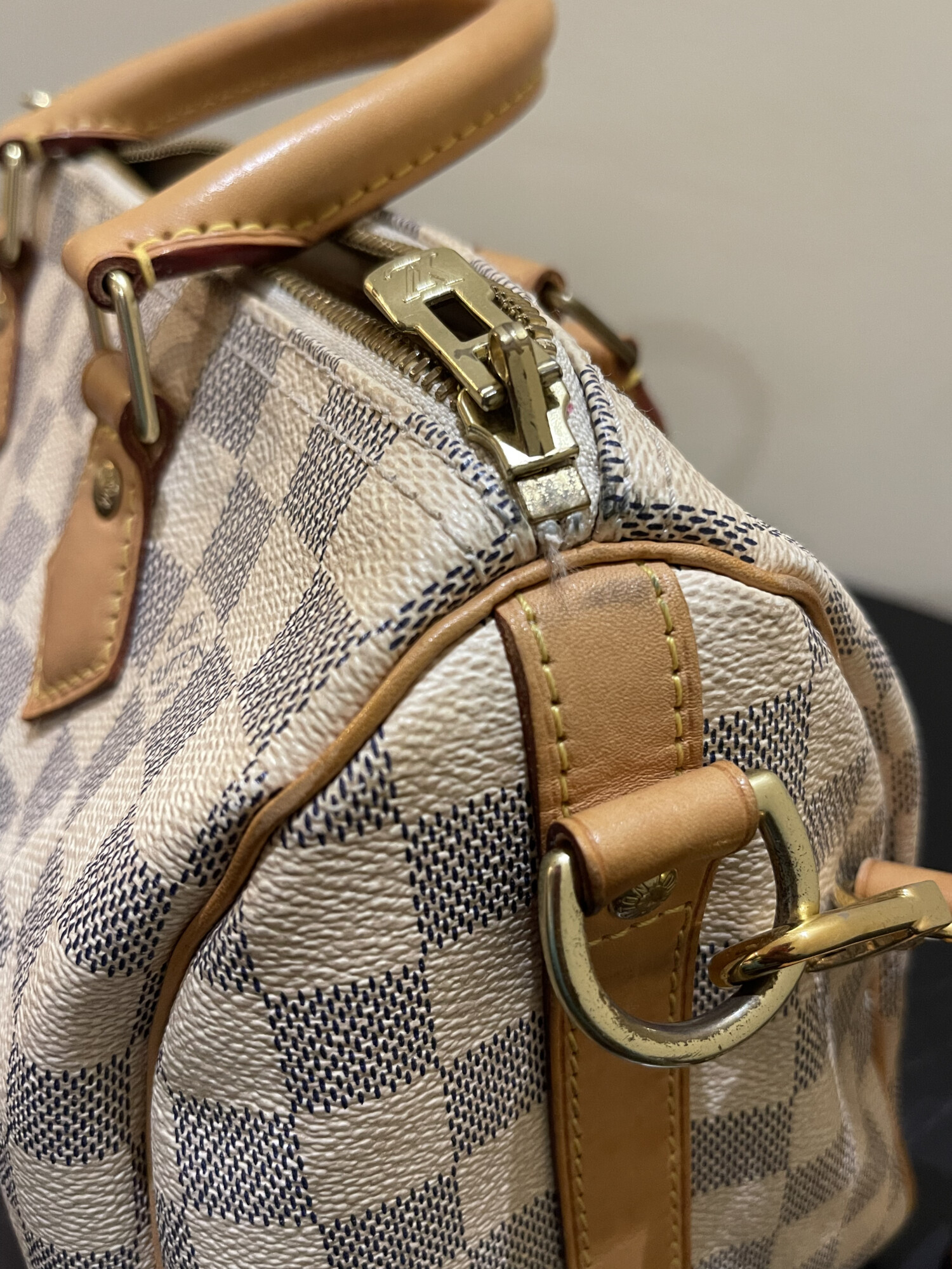 Louis Vuitton speedy 25 bandoulière damier azur LUXE DE SECONDE MAIN AUTHENTIQUE CERTIFICAT D'AUTHENTICITE ENTRUPY. SAC DE LUXE D'OCCASION PAS CHER LOUIS VUITTON FULL SET