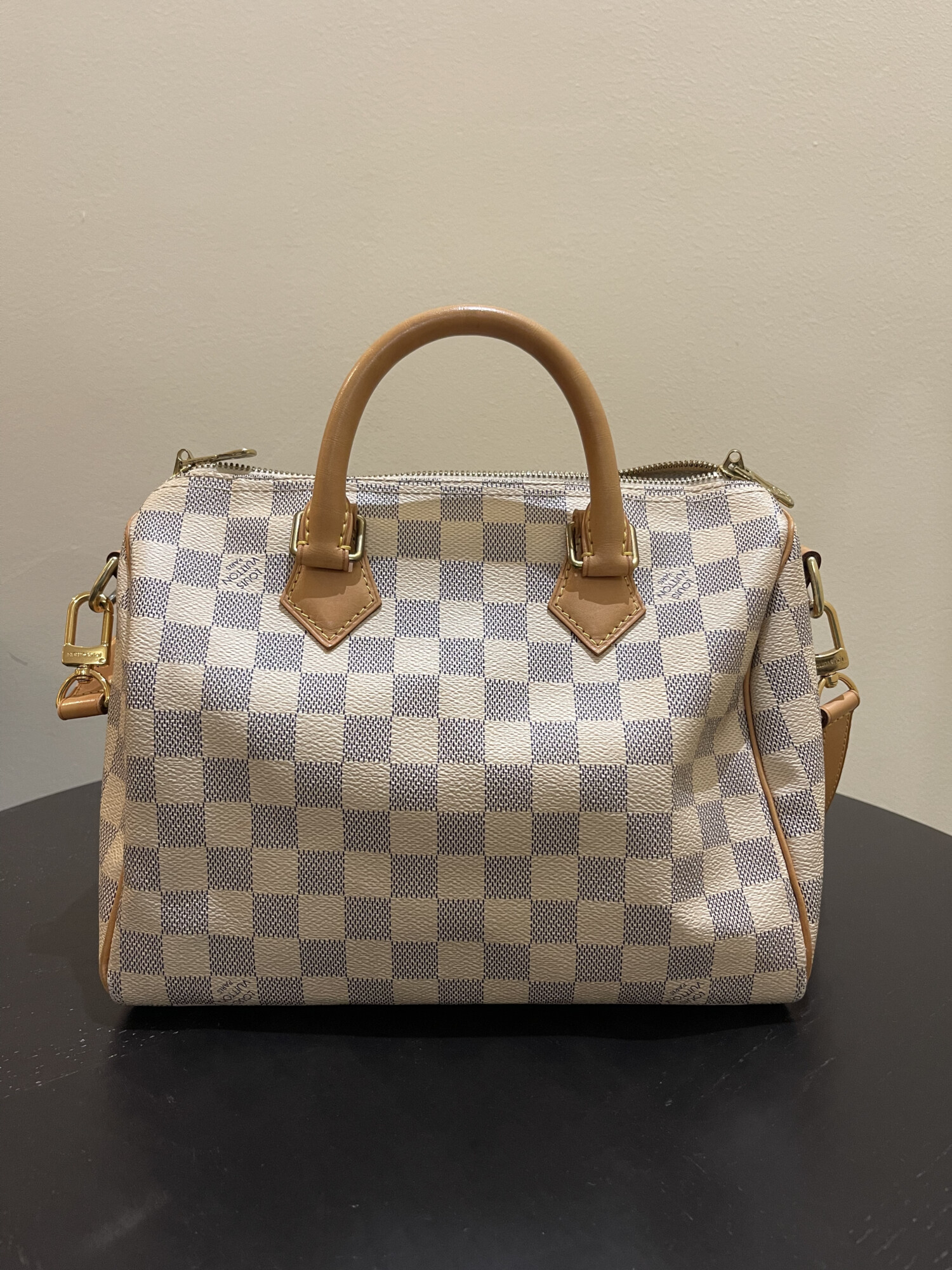 Louis Vuitton speedy 25 bandoulière damier azur LUXE DE SECONDE MAIN AUTHENTIQUE CERTIFICAT D'AUTHENTICITE ENTRUPY. SAC DE LUXE D'OCCASION PAS CHER LOUIS VUITTON FULL SET
