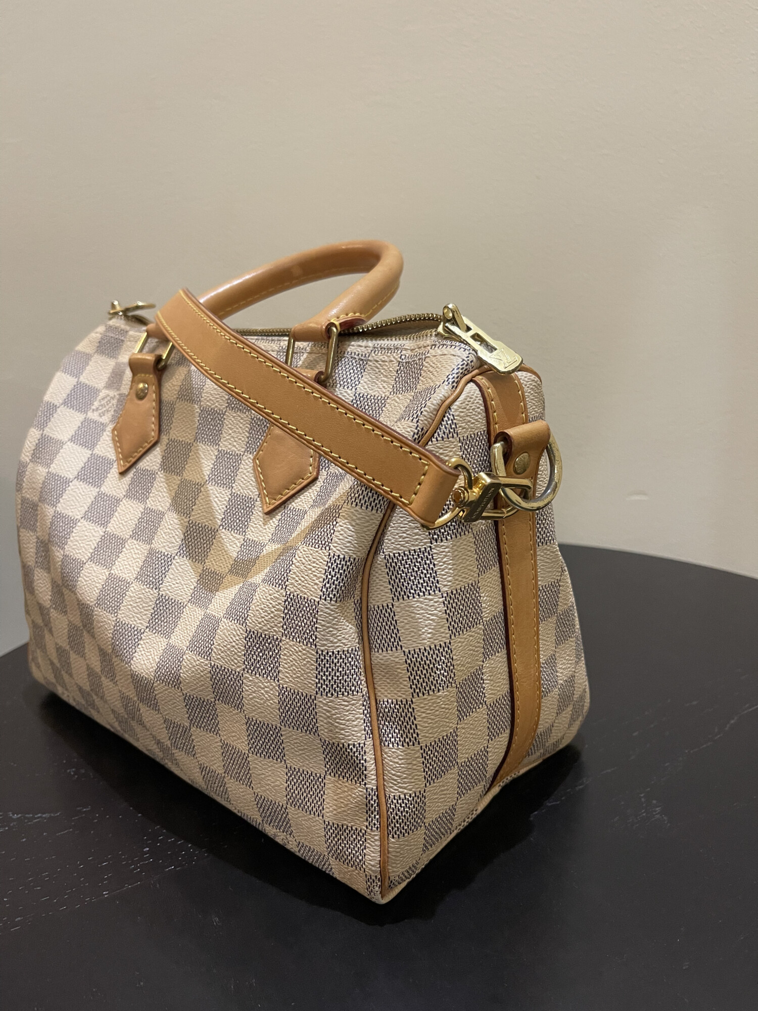 Louis Vuitton speedy 25 bandoulière damier azur LUXE DE SECONDE MAIN AUTHENTIQUE CERTIFICAT D'AUTHENTICITE ENTRUPY. SAC DE LUXE D'OCCASION PAS CHER LOUIS VUITTON FULL SET