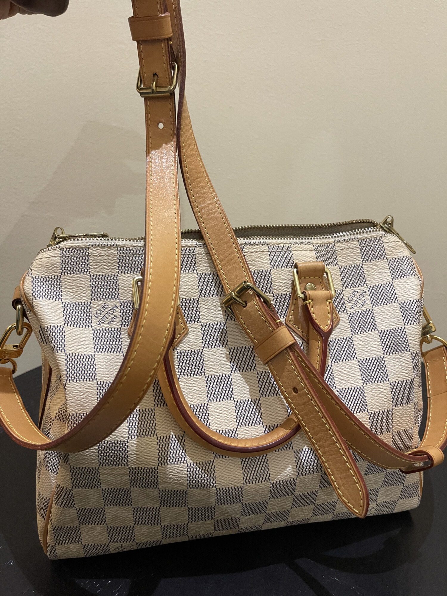 Louis Vuitton speedy 25 bandoulière damier azur LUXE DE SECONDE MAIN AUTHENTIQUE CERTIFICAT D'AUTHENTICITE ENTRUPY. SAC DE LUXE D'OCCASION PAS CHER LOUIS VUITTON FULL SET