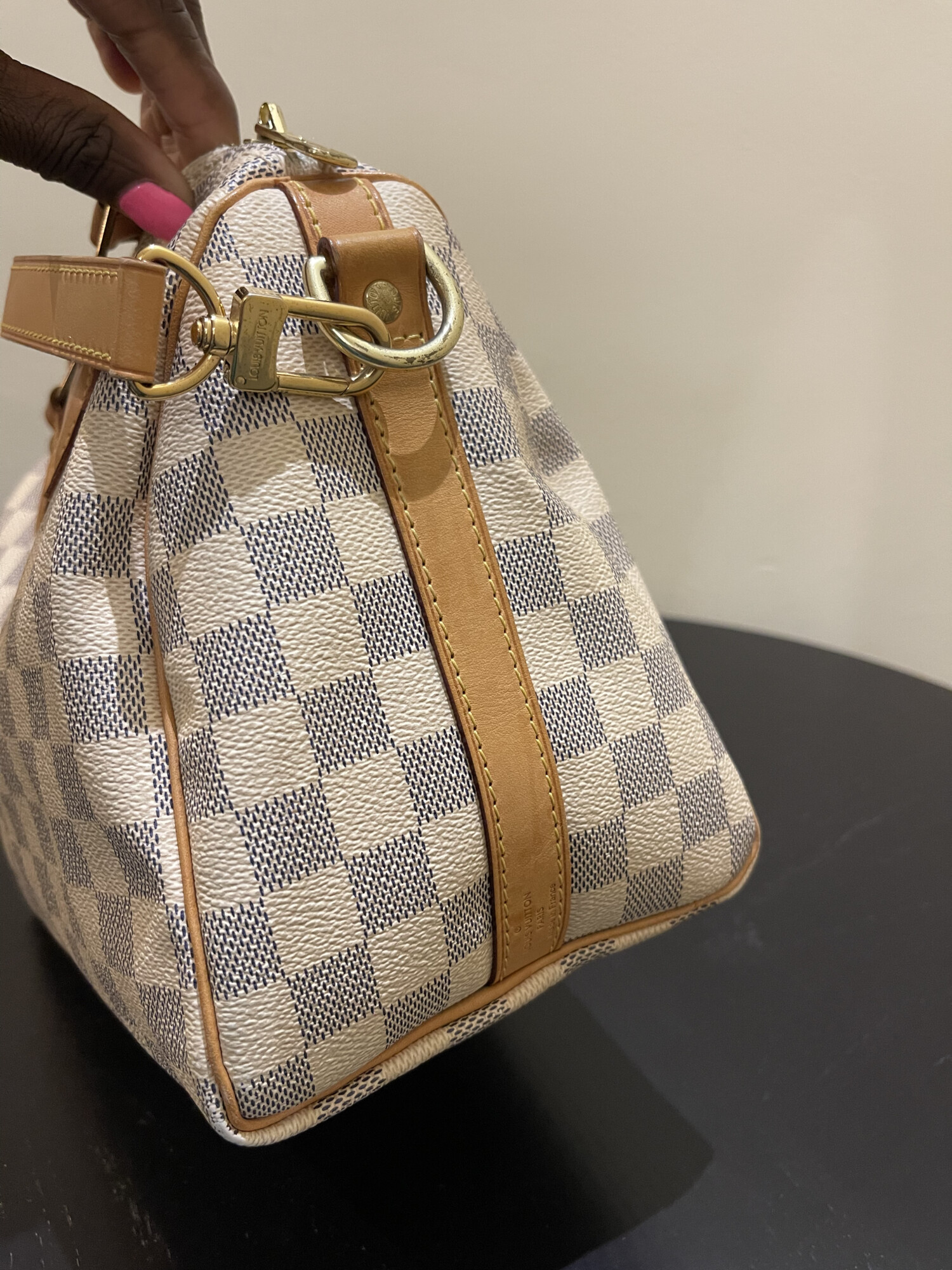 Louis Vuitton speedy 25 bandoulière damier azur LUXE DE SECONDE MAIN AUTHENTIQUE CERTIFICAT D'AUTHENTICITE ENTRUPY. SAC DE LUXE D'OCCASION PAS CHER LOUIS VUITTON FULL SET