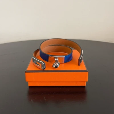 HERMES bracelet Kelly double tour bleu tie palladié T3 LUXE DE SECONDE MAIN AUTHENTIQUE. LUXE D'OCCASION PAS CHER. HERMES FULL SET.