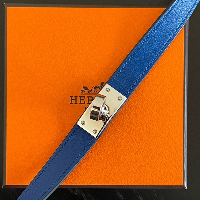 HERMES bracelet Kelly double tour bleu tie palladié T3 LUXE DE SECONDE MAIN AUTHENTIQUE. LUXE D'OCCASION PAS CHER. HERMES FULL SET.