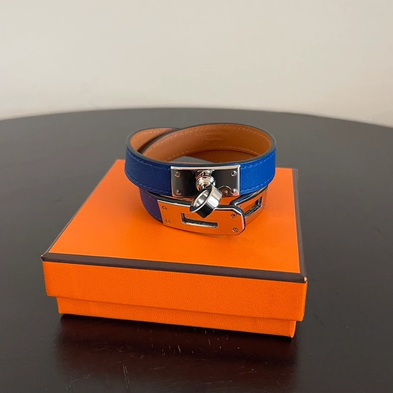 HERMES bracelet Kelly double tour bleu tie palladié T3 LUXE DE SECONDE MAIN AUTHENTIQUE. LUXE D'OCCASION PAS CHER. HERMES FULL SET.