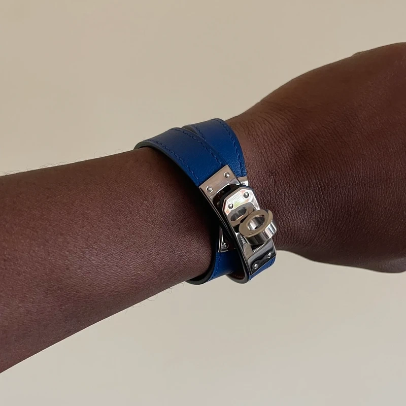 HERMES bracelet Kelly double tour bleu tie palladié T3 LUXE DE SECONDE MAIN AUTHENTIQUE. LUXE D'OCCASION PAS CHER. HERMES FULL SET.