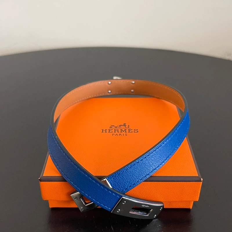 HERMES bracelet Kelly double tour bleu tie palladié T3 LUXE DE SECONDE MAIN AUTHENTIQUE. LUXE D'OCCASION PAS CHER. HERMES FULL SET.