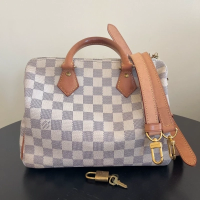 Louis Vuitton speedy 25 bandoulière damier azur SAC DE LUXE DE SECONDE MAIN AUTHENTIQUE. PETITE MAROQUINERIE DE LUXE. ENTRUPY CERTIFICATE